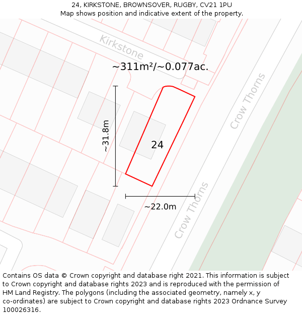 24, KIRKSTONE, BROWNSOVER, RUGBY, CV21 1PU: Plot and title map