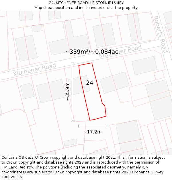 24, KITCHENER ROAD, LEISTON, IP16 4EY: Plot and title map