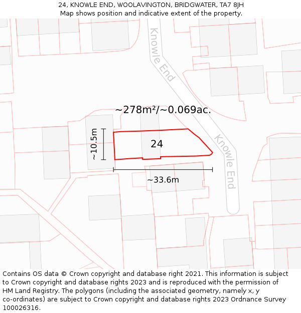 24, KNOWLE END, WOOLAVINGTON, BRIDGWATER, TA7 8JH: Plot and title map