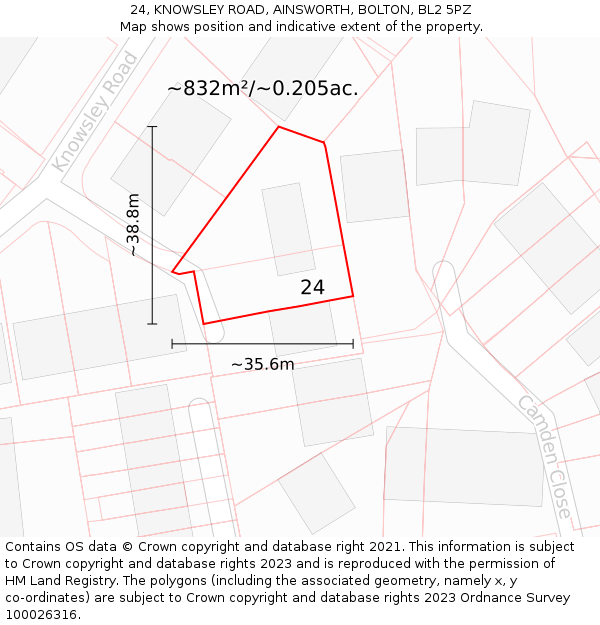 24, KNOWSLEY ROAD, AINSWORTH, BOLTON, BL2 5PZ: Plot and title map