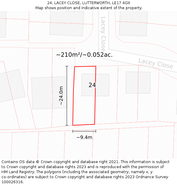 24, LACEY CLOSE, LUTTERWORTH, LE17 4GX: Plot and title map