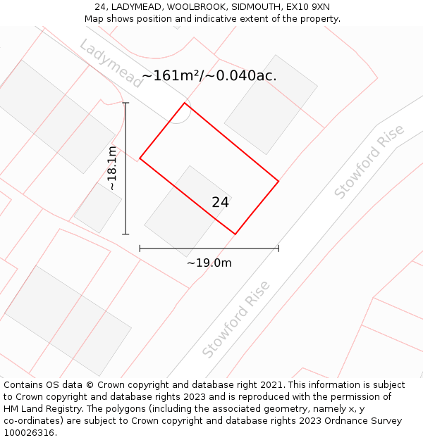 24, LADYMEAD, WOOLBROOK, SIDMOUTH, EX10 9XN: Plot and title map