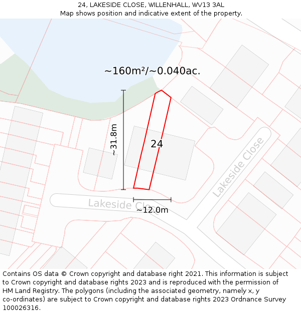 24, LAKESIDE CLOSE, WILLENHALL, WV13 3AL: Plot and title map