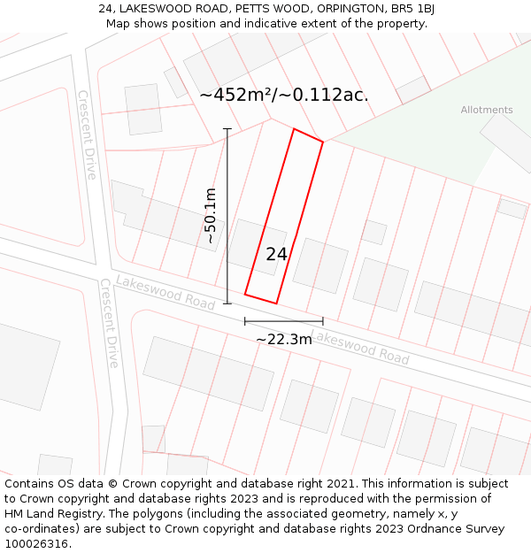 24, LAKESWOOD ROAD, PETTS WOOD, ORPINGTON, BR5 1BJ: Plot and title map