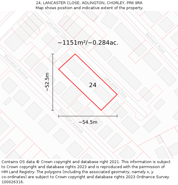 24, LANCASTER CLOSE, ADLINGTON, CHORLEY, PR6 9RA: Plot and title map