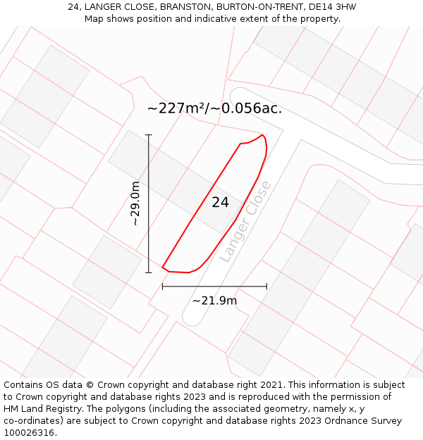 24, LANGER CLOSE, BRANSTON, BURTON-ON-TRENT, DE14 3HW: Plot and title map