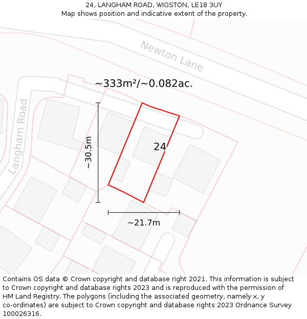 24, LANGHAM ROAD, WIGSTON, LE18 3UY: Plot and title map
