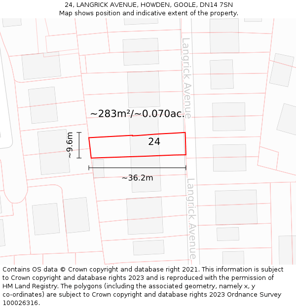24, LANGRICK AVENUE, HOWDEN, GOOLE, DN14 7SN: Plot and title map
