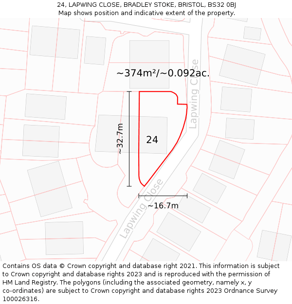 24, LAPWING CLOSE, BRADLEY STOKE, BRISTOL, BS32 0BJ: Plot and title map