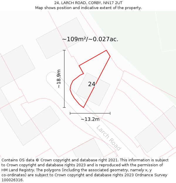 24, LARCH ROAD, CORBY, NN17 2UT: Plot and title map