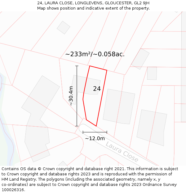 24, LAURA CLOSE, LONGLEVENS, GLOUCESTER, GL2 9JH: Plot and title map