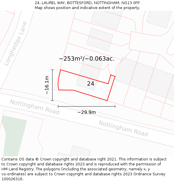 24, LAUREL WAY, BOTTESFORD, NOTTINGHAM, NG13 0FP: Plot and title map