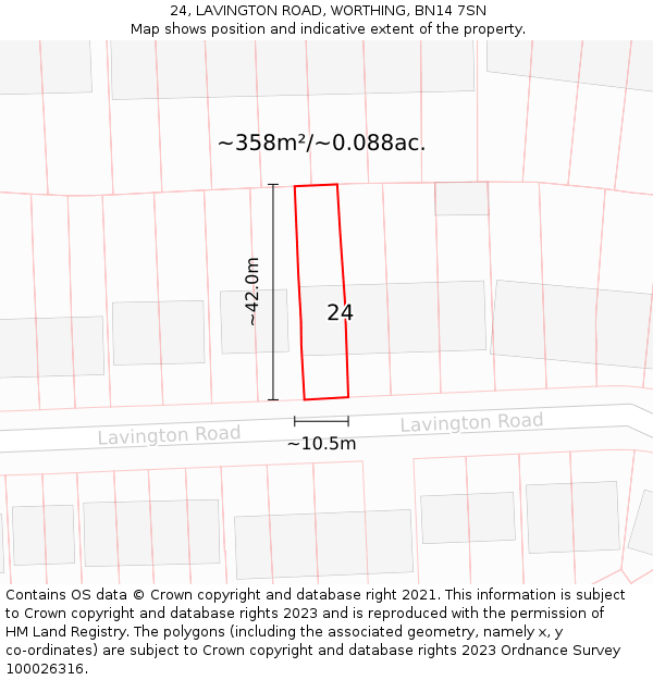 24, LAVINGTON ROAD, WORTHING, BN14 7SN: Plot and title map
