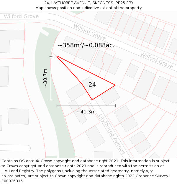 24, LAYTHORPE AVENUE, SKEGNESS, PE25 3BY: Plot and title map