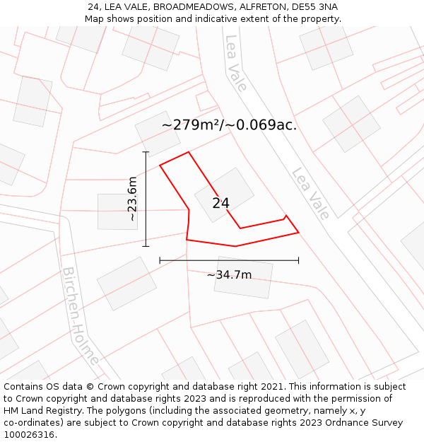 24, LEA VALE, BROADMEADOWS, ALFRETON, DE55 3NA: Plot and title map