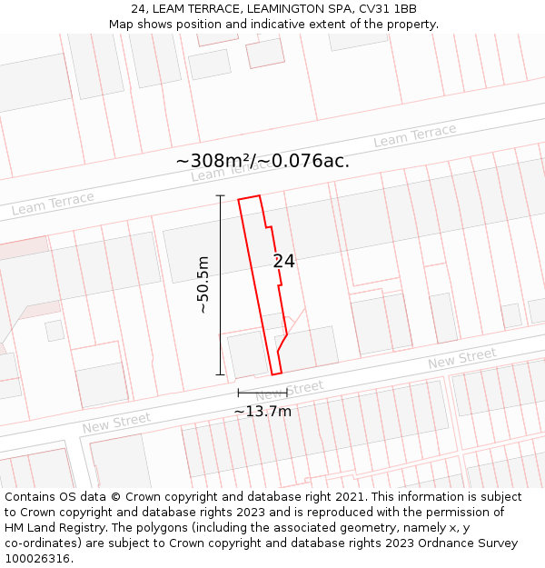 24, LEAM TERRACE, LEAMINGTON SPA, CV31 1BB: Plot and title map