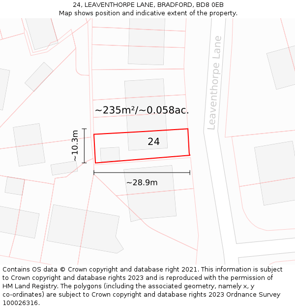 24, LEAVENTHORPE LANE, BRADFORD, BD8 0EB: Plot and title map