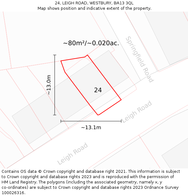 24, LEIGH ROAD, WESTBURY, BA13 3QL: Plot and title map