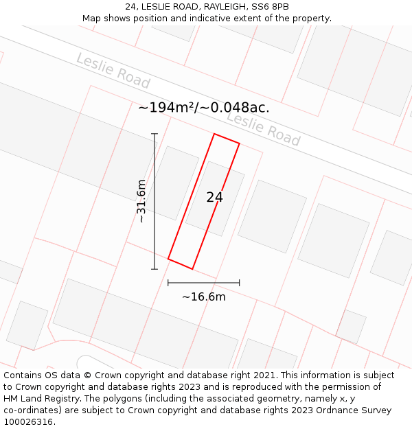 24, LESLIE ROAD, RAYLEIGH, SS6 8PB: Plot and title map