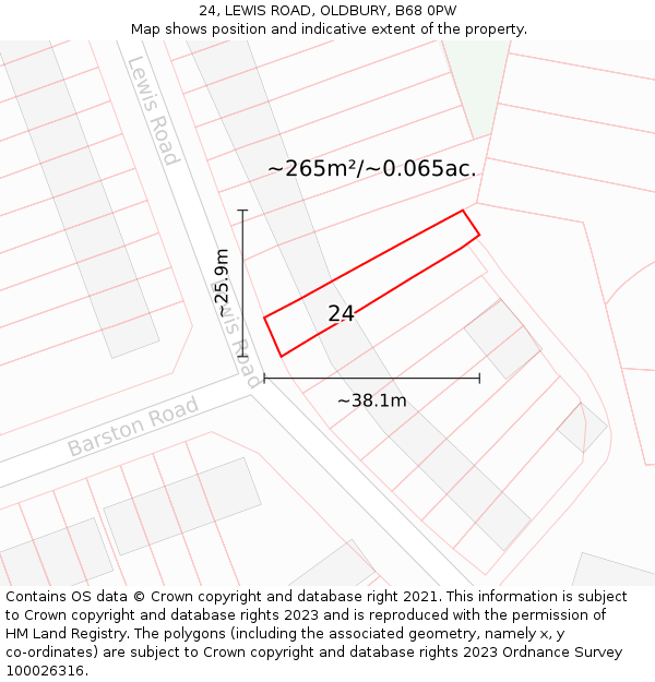 24, LEWIS ROAD, OLDBURY, B68 0PW: Plot and title map