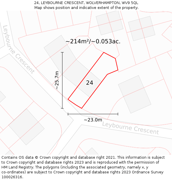 24, LEYBOURNE CRESCENT, WOLVERHAMPTON, WV9 5QL: Plot and title map