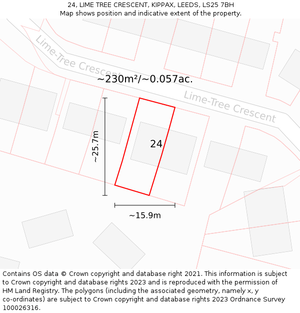 24, LIME TREE CRESCENT, KIPPAX, LEEDS, LS25 7BH: Plot and title map