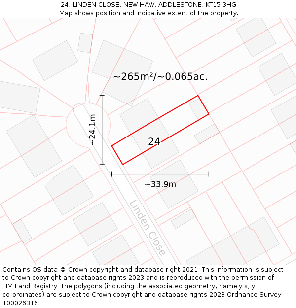 24, LINDEN CLOSE, NEW HAW, ADDLESTONE, KT15 3HG: Plot and title map
