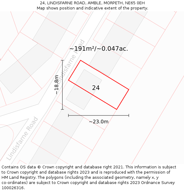 24, LINDISFARNE ROAD, AMBLE, MORPETH, NE65 0EH: Plot and title map