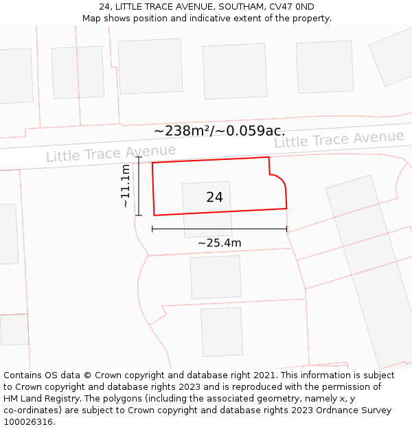 24, LITTLE TRACE AVENUE, SOUTHAM, CV47 0ND: Plot and title map