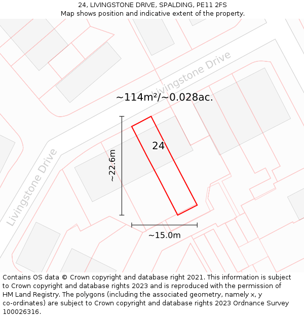 24, LIVINGSTONE DRIVE, SPALDING, PE11 2FS: Plot and title map