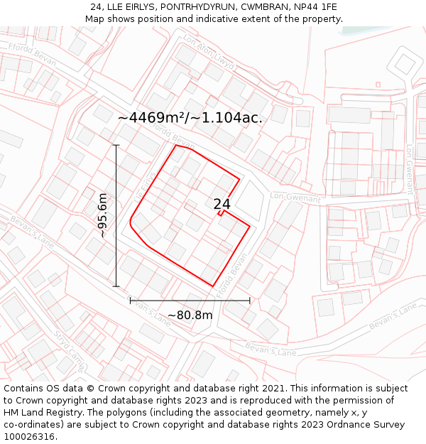 24, LLE EIRLYS, PONTRHYDYRUN, CWMBRAN, NP44 1FE: Plot and title map