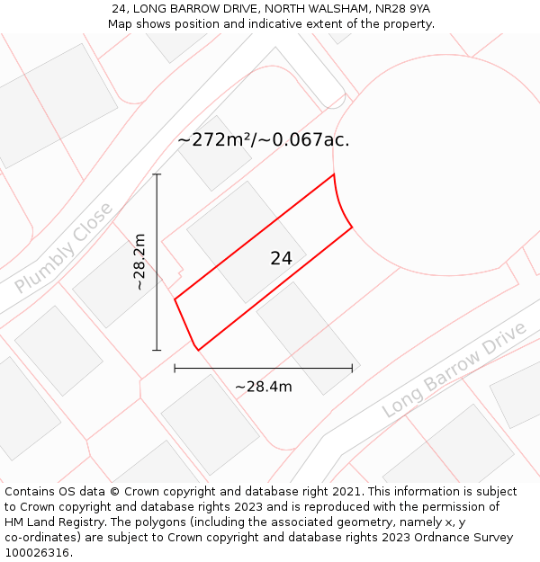 24, LONG BARROW DRIVE, NORTH WALSHAM, NR28 9YA: Plot and title map