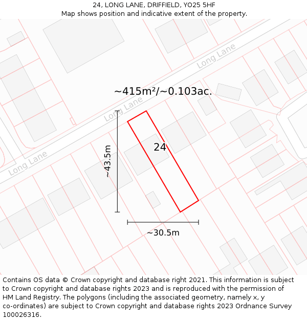 24, LONG LANE, DRIFFIELD, YO25 5HF: Plot and title map