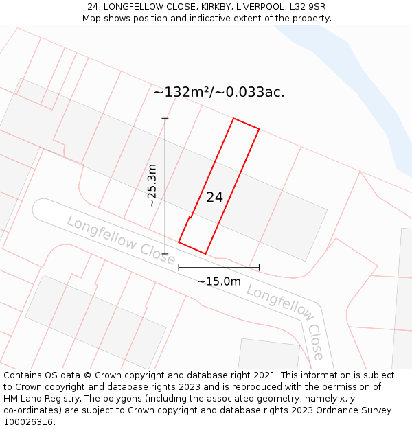 24, LONGFELLOW CLOSE, KIRKBY, LIVERPOOL, L32 9SR: Plot and title map