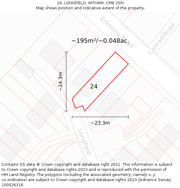24, LONGFIELD, WITHAM, CM8 2SN: Plot and title map