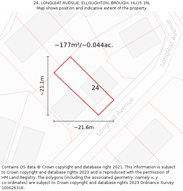 24, LONGLEAT AVENUE, ELLOUGHTON, BROUGH, HU15 1RL: Plot and title map