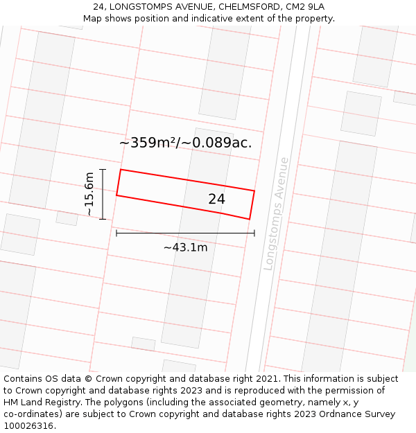 24, LONGSTOMPS AVENUE, CHELMSFORD, CM2 9LA: Plot and title map