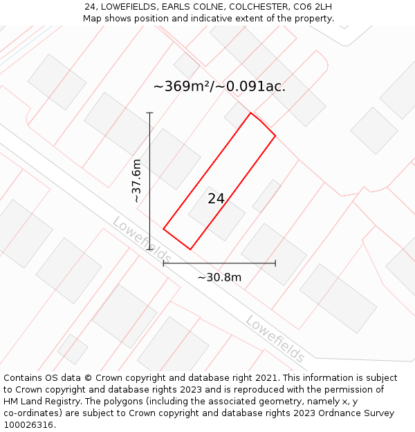 24, LOWEFIELDS, EARLS COLNE, COLCHESTER, CO6 2LH: Plot and title map