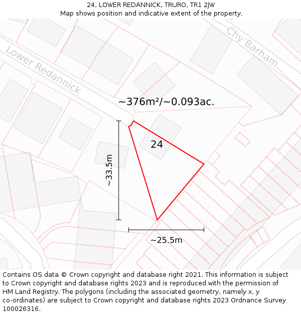 24, LOWER REDANNICK, TRURO, TR1 2JW: Plot and title map