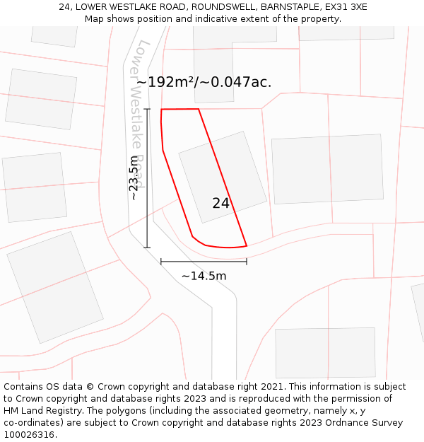 24, LOWER WESTLAKE ROAD, ROUNDSWELL, BARNSTAPLE, EX31 3XE: Plot and title map