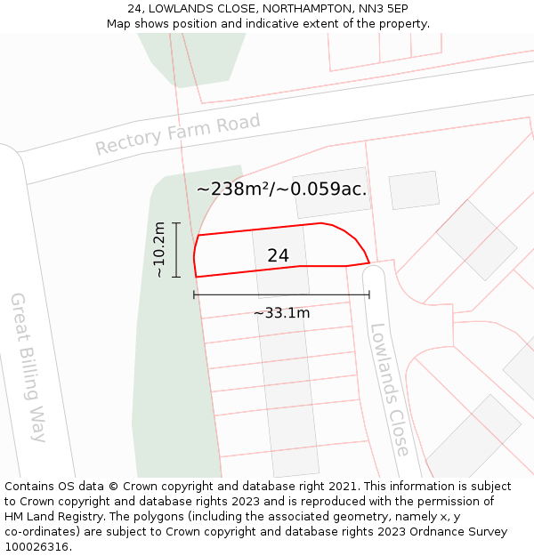 24, LOWLANDS CLOSE, NORTHAMPTON, NN3 5EP: Plot and title map