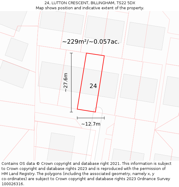 24, LUTTON CRESCENT, BILLINGHAM, TS22 5DX: Plot and title map