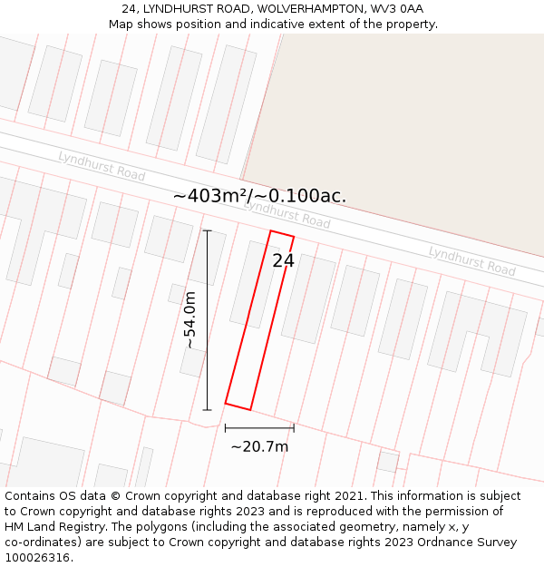 24, LYNDHURST ROAD, WOLVERHAMPTON, WV3 0AA: Plot and title map