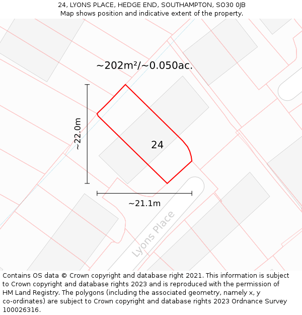 24, LYONS PLACE, HEDGE END, SOUTHAMPTON, SO30 0JB: Plot and title map