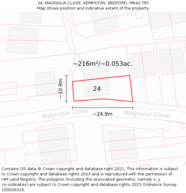 24, MAGNOLIA CLOSE, KEMPSTON, BEDFORD, MK42 7RY: Plot and title map