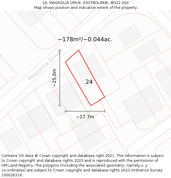24, MAGNOLIA DRIVE, EASTBOURNE, BN22 0SX: Plot and title map