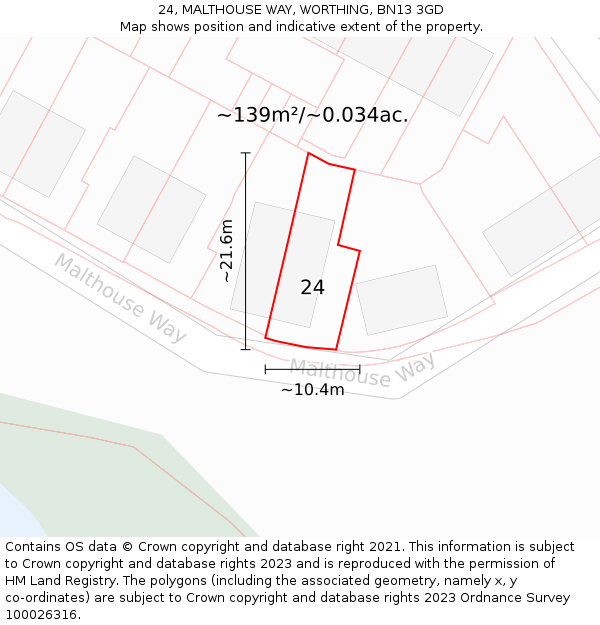 24, MALTHOUSE WAY, WORTHING, BN13 3GD: Plot and title map