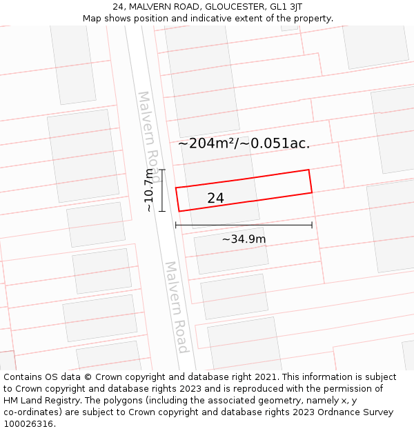 24, MALVERN ROAD, GLOUCESTER, GL1 3JT: Plot and title map