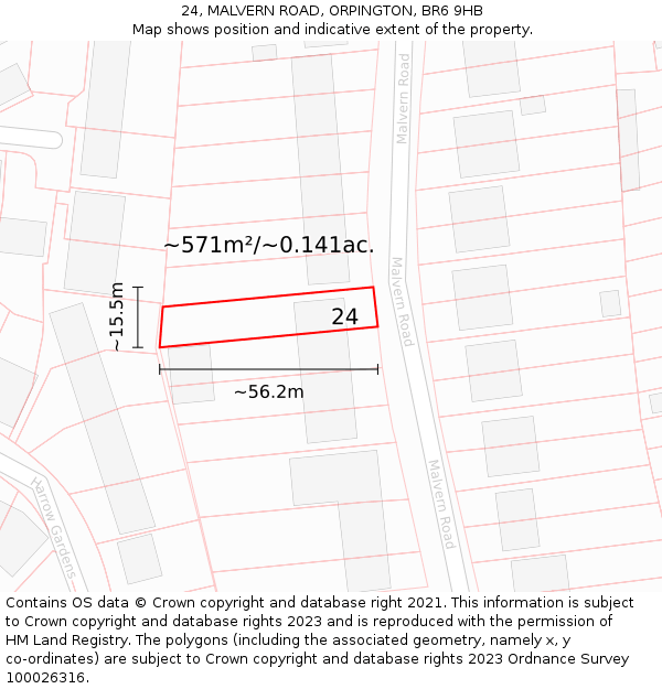 24, MALVERN ROAD, ORPINGTON, BR6 9HB: Plot and title map