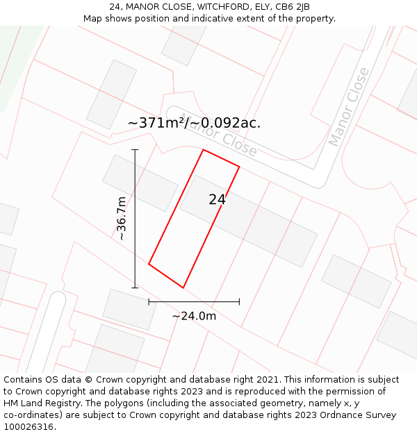 24, MANOR CLOSE, WITCHFORD, ELY, CB6 2JB: Plot and title map